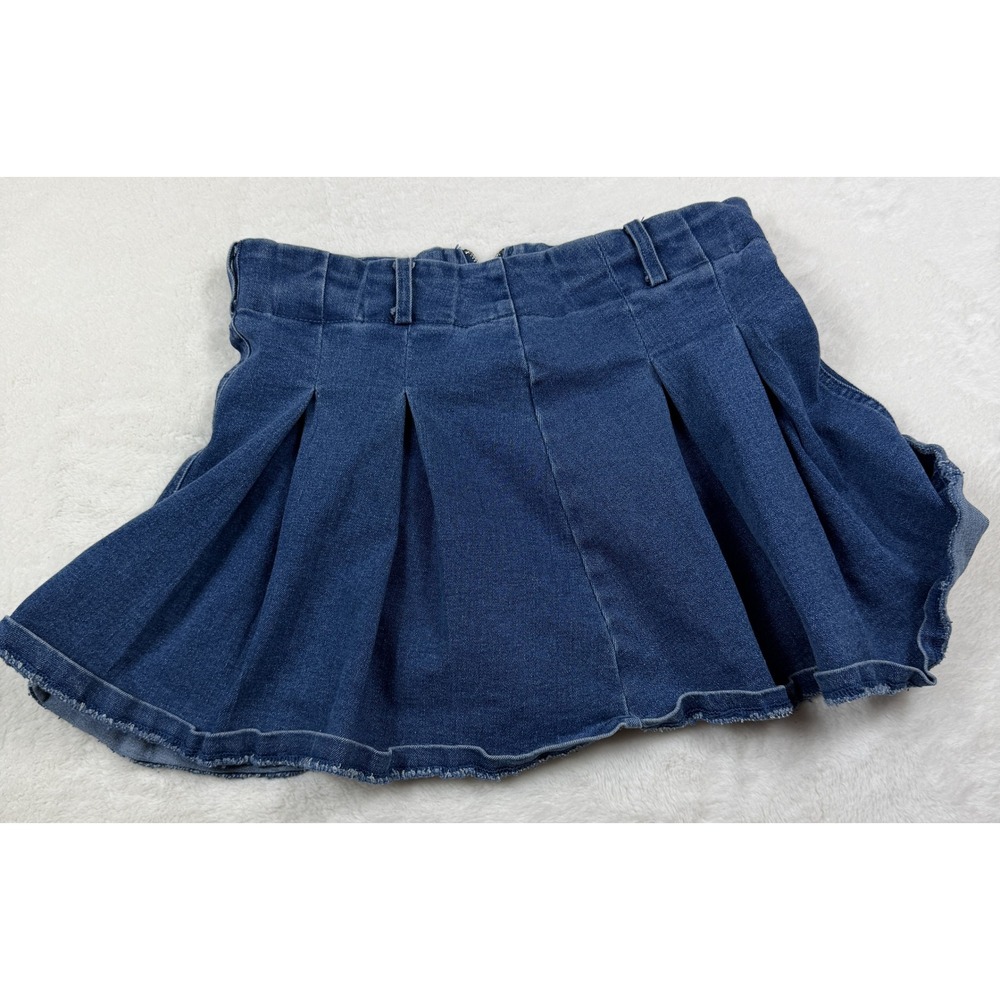 Project Rebel Denim Blue Pleated Mini Skirt Frayed Hem Size S